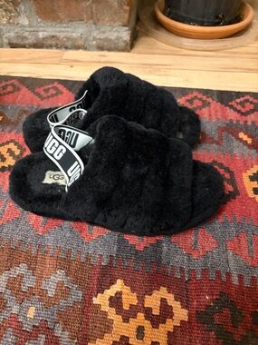 UGG Black Fuzzy Slide Slippers with Logo Heel Strap